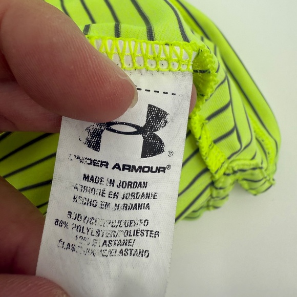 Under Armour Polo Shirt Men Large Yellow Neon Stripes Golf Stretch Performance - Picture 8 of 12